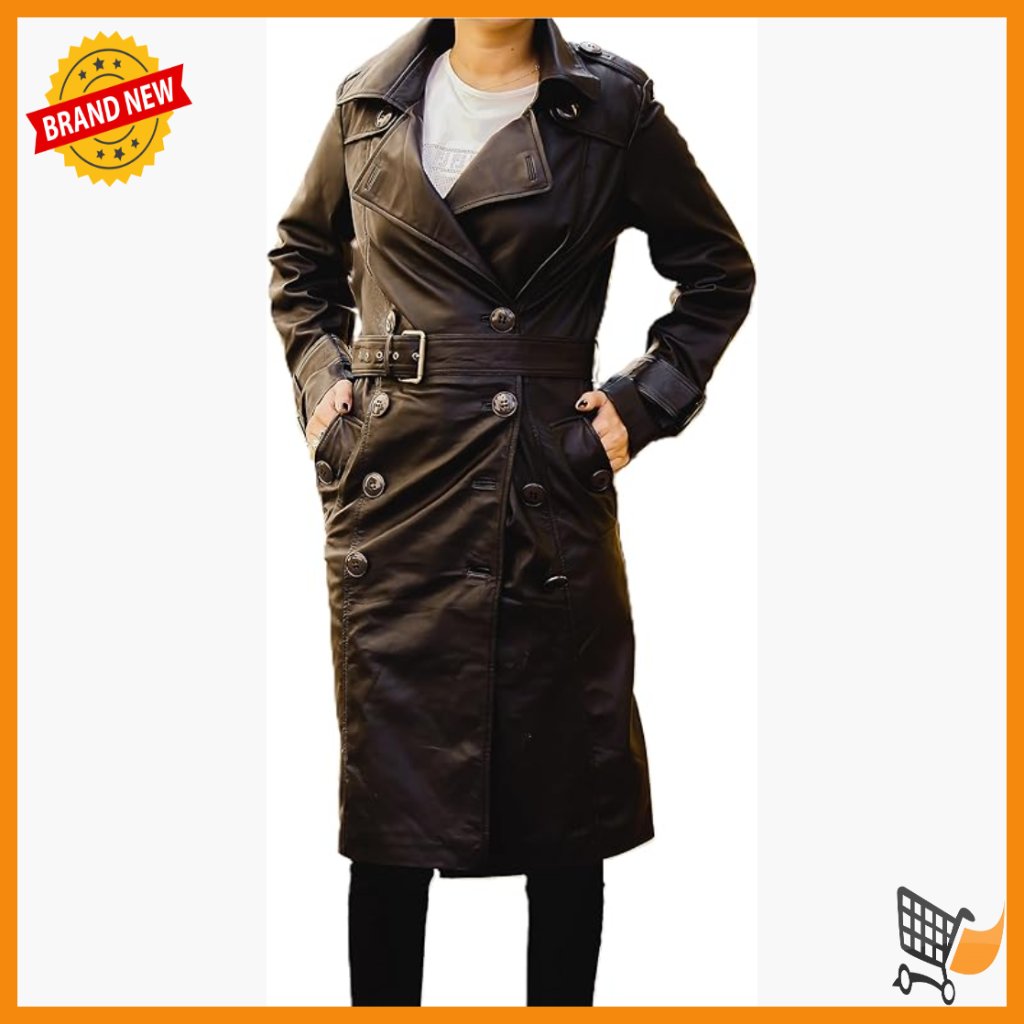 Premium Leather Trench Coat With Belt, Double Breasted, Notched Lapel